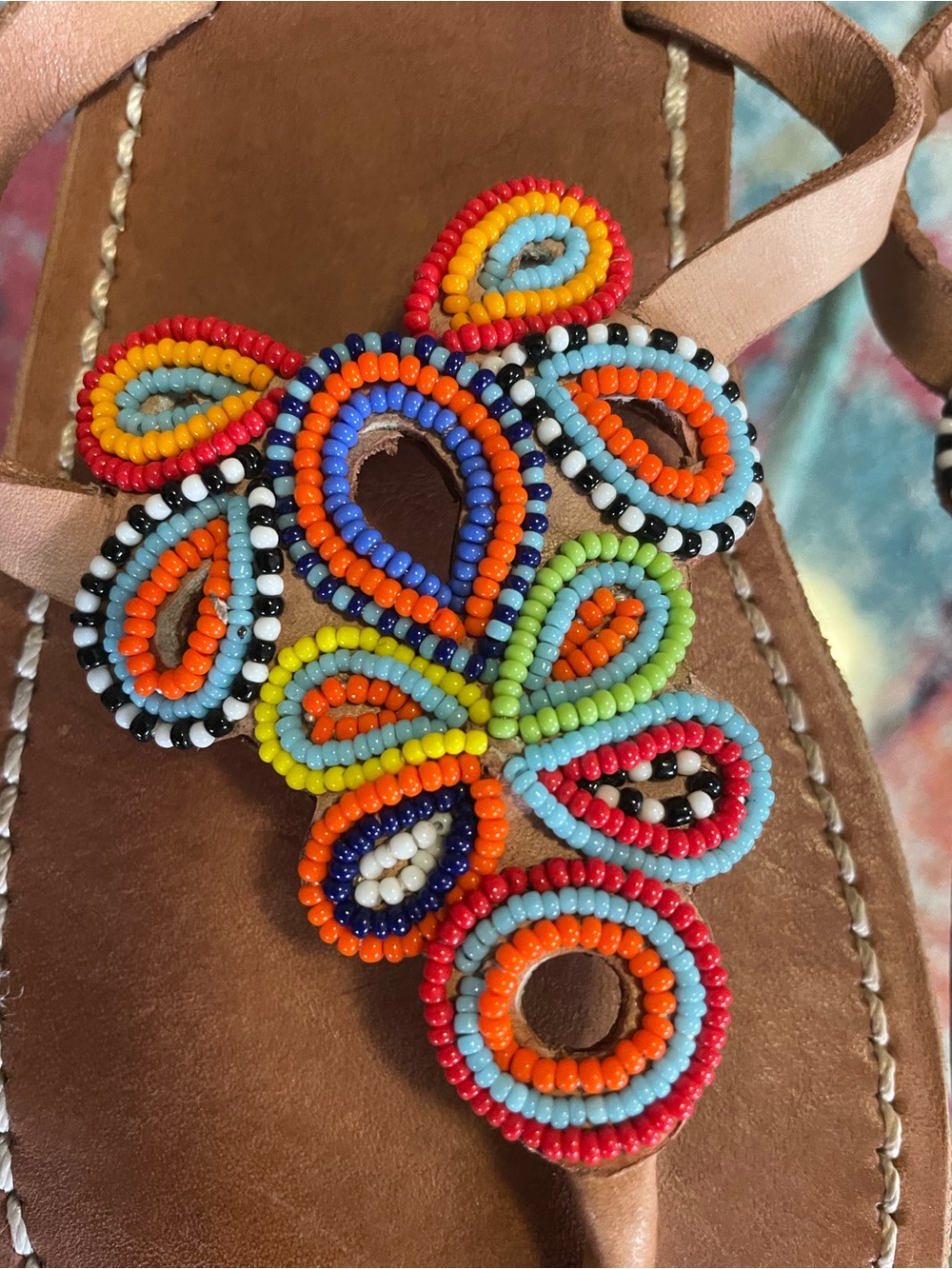 Aspiga Beautiful Multicolored HandBeaded Tan Leather 39 Thong Sandals